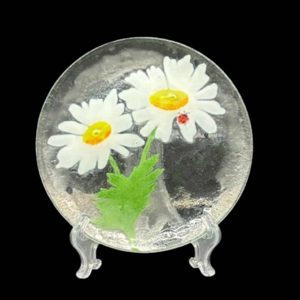 Vintage Fused Glass Daisies and Ladybug Springtime Plate 7.5"